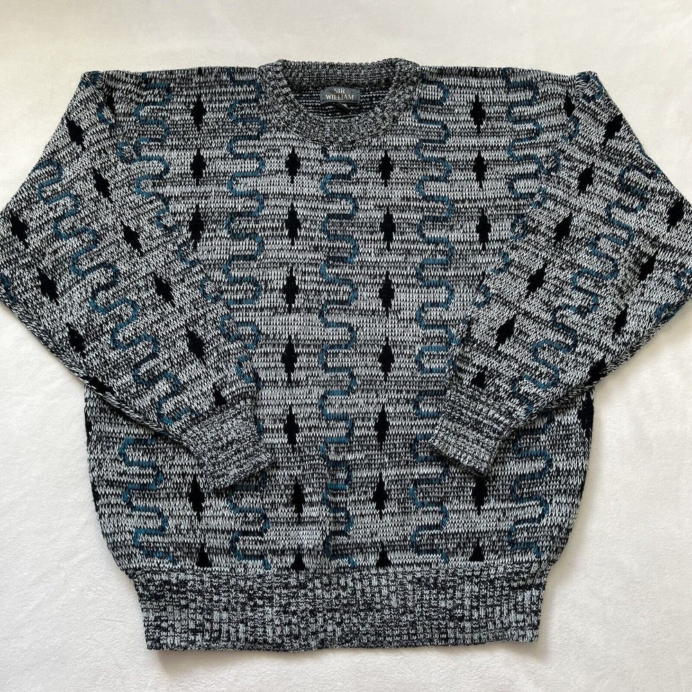 Vintage 80s 90s Men’s L Large Grandpa Dad Sir William Sweater Art Deco Hipster